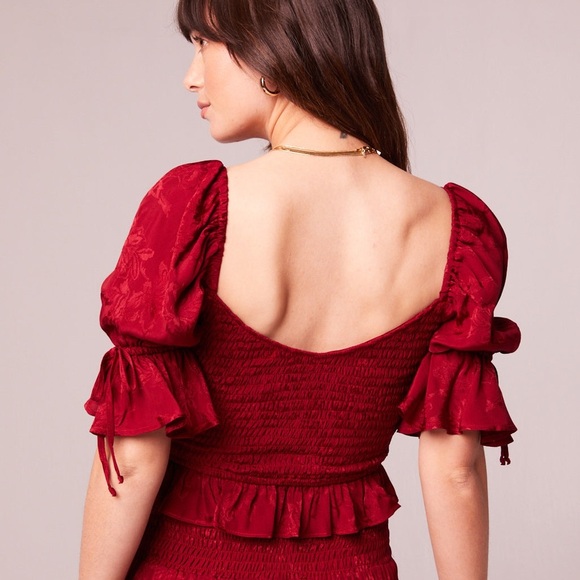 Band of the Free Lea Rhubarb Smocked Puff Sleeve Ruffle Hem Crop Top Size Large - Picture 4 of 11